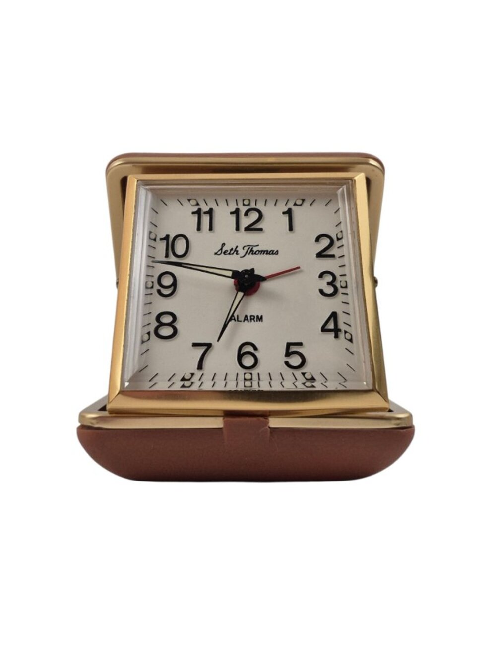 Seth Thomas Travel Alarm Clock Tan Clamshell Case Gold Trim Testes Working - Picture 2 of 10